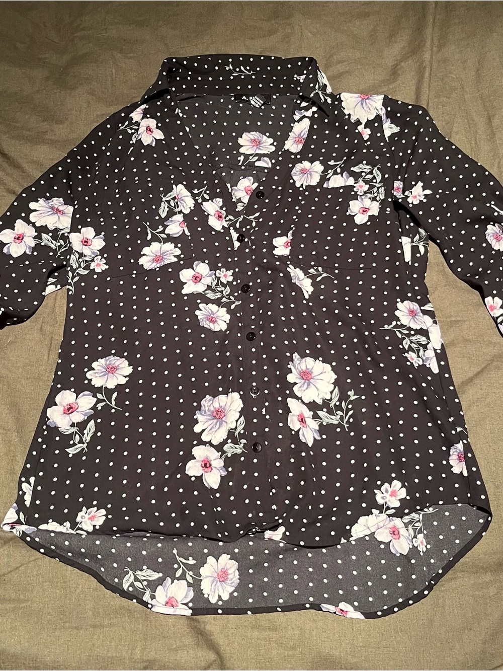 A. Byer Black Polka Dot Button-Up Shirt with Pink Floral Print